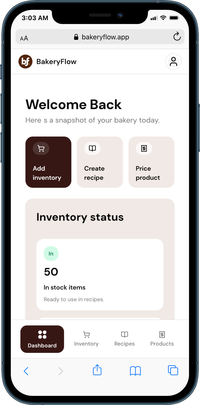 BakeryFlow dashboard on mobile