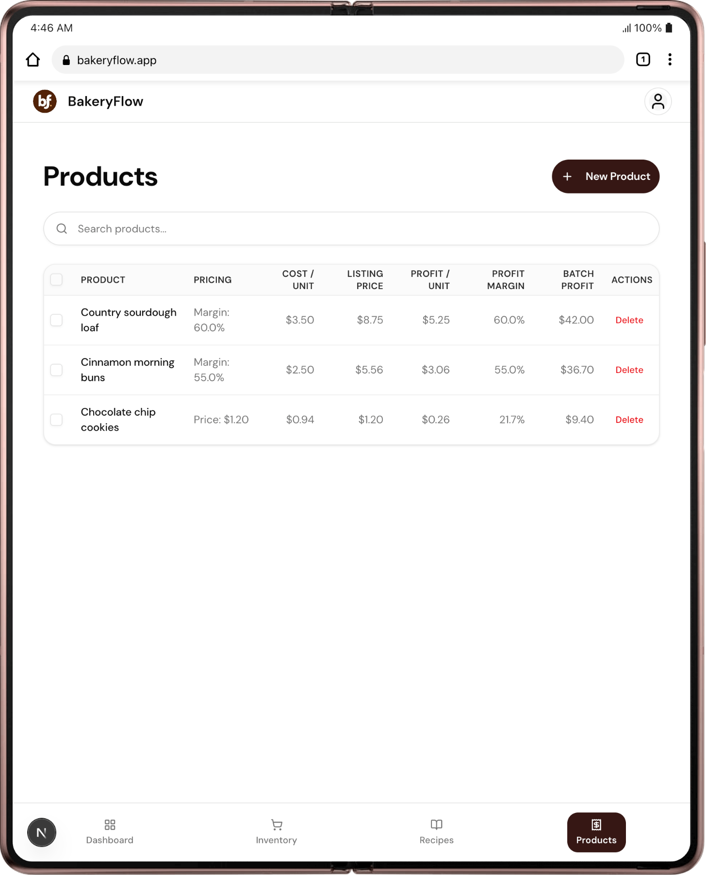 Product pricing view showing listing price, margins, and profit per unit